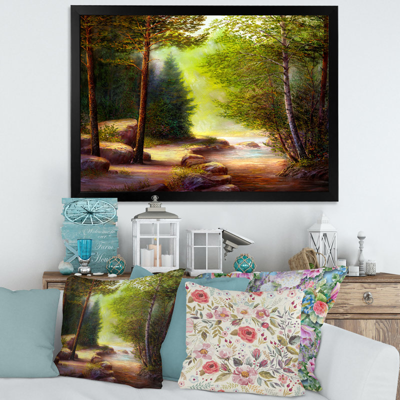 «Morning Sunlight Through The Spring Trees», peinture sur toile, H 12 po x l 20 po x p 1 po, Cadre noir