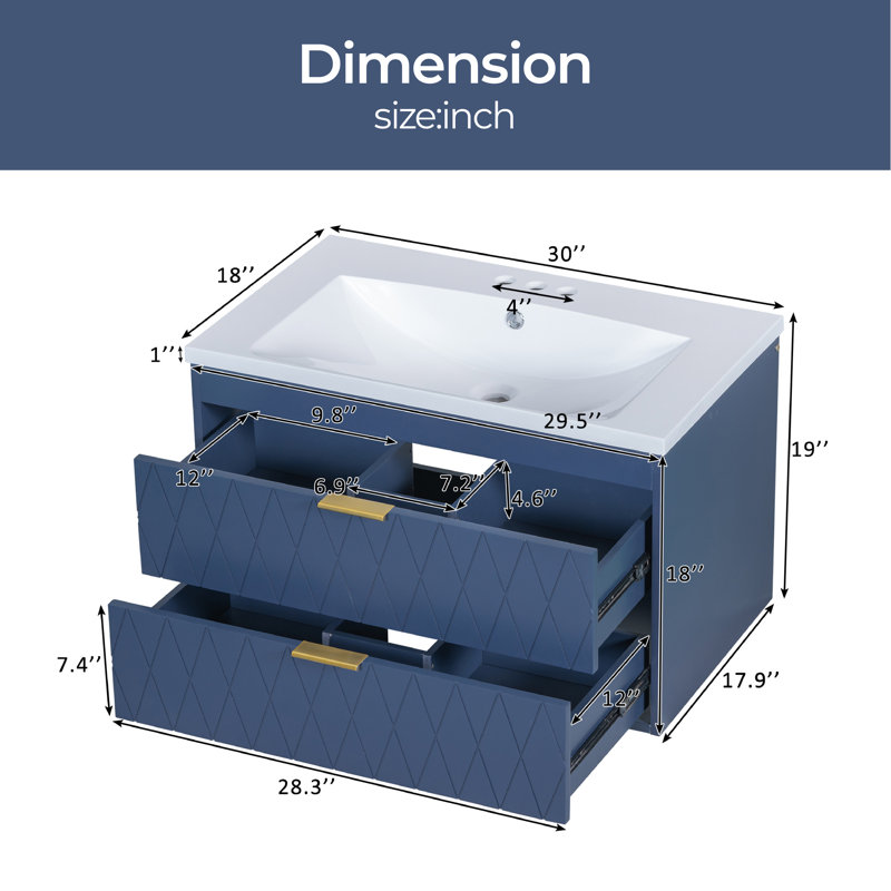 Meuble-lavabo simple 30 po avec plateau en résine Catlett, Bleu marine