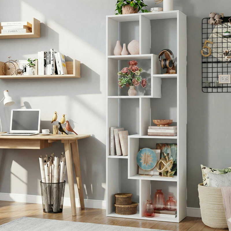 71" Modern Geometric Bookcase with Staggered Shelves and Horizontal or Vertical Placement, White
