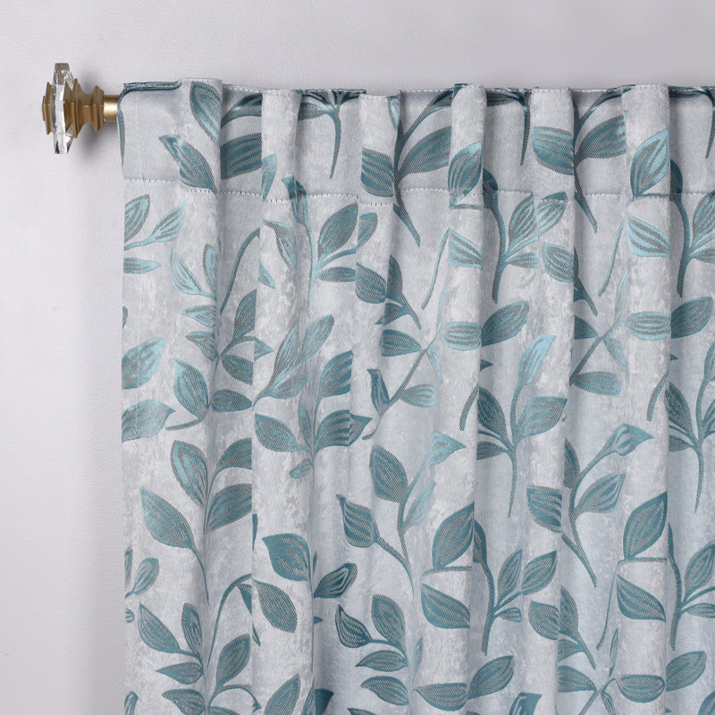 Teal Polyester Blackout Curtains with Leaf Pattern, 52" x 63"