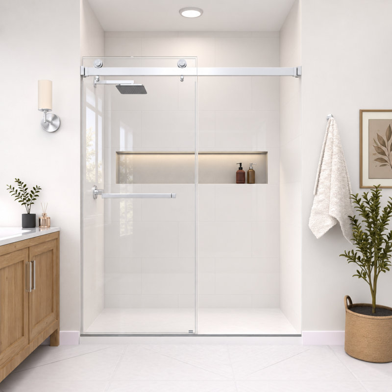 Porte de douche coulissante double sans cadre en chrome avec verre transparent 3/8 po Catalyst 67 po - 73 po x H 76 po 