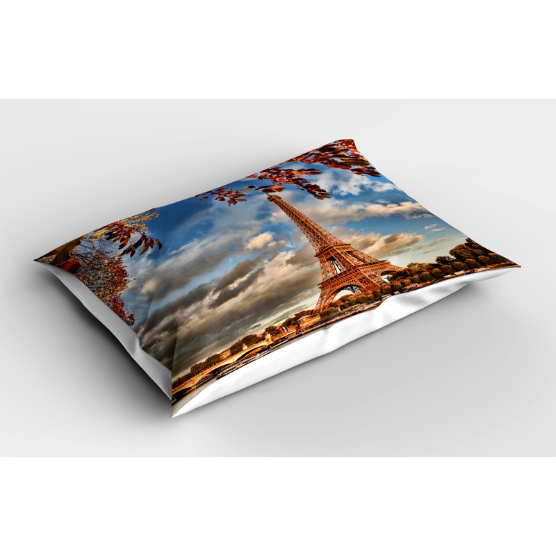 Ambesonne Eiffel Tower Pillow Sham 2 Pack Eiffel Tower with Boat Dark Orange Cinnamon, 20"H x 26"W