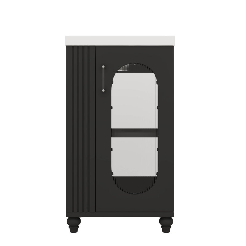 Contemporary 20 Inch Bathroom Vanity Cabinet With Ceramic Sink Glass Door And Adjustable Shelf, Black