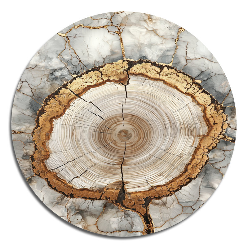 Glissade en bois dans la forêt du lac blanc doré - art mural rond en métal, H 29 po x l 29 po