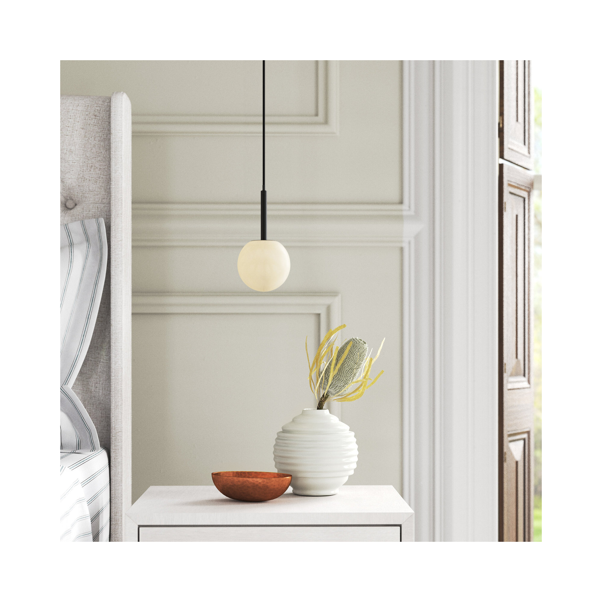 Yarrow 1 - Light Matte Black Sphere Pendant, Black, 74.8" H x 3.93" W x 3.93" D