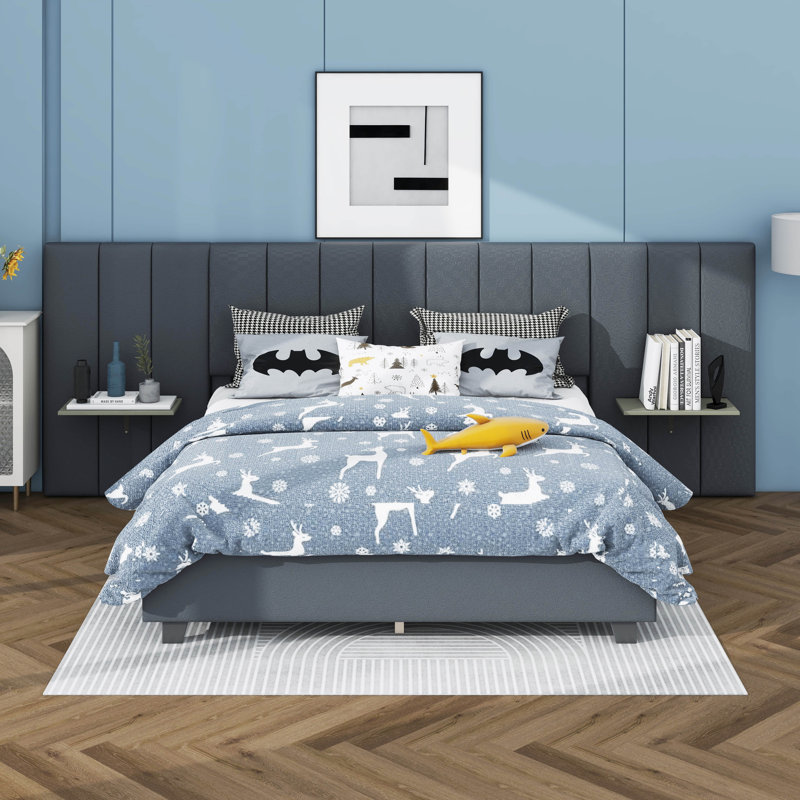 Lit plateforme tapissier avec grande tête de lit, Gris, Grand
