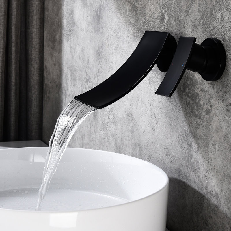 Wall Mounted Bathroom Faucet In Matte Black, Brass Constructed With Large Arc Waterfall Spout And Precise Control Valve For An Enjoyable Experience Black Mount Faucet, Made Expansive Water Flow A