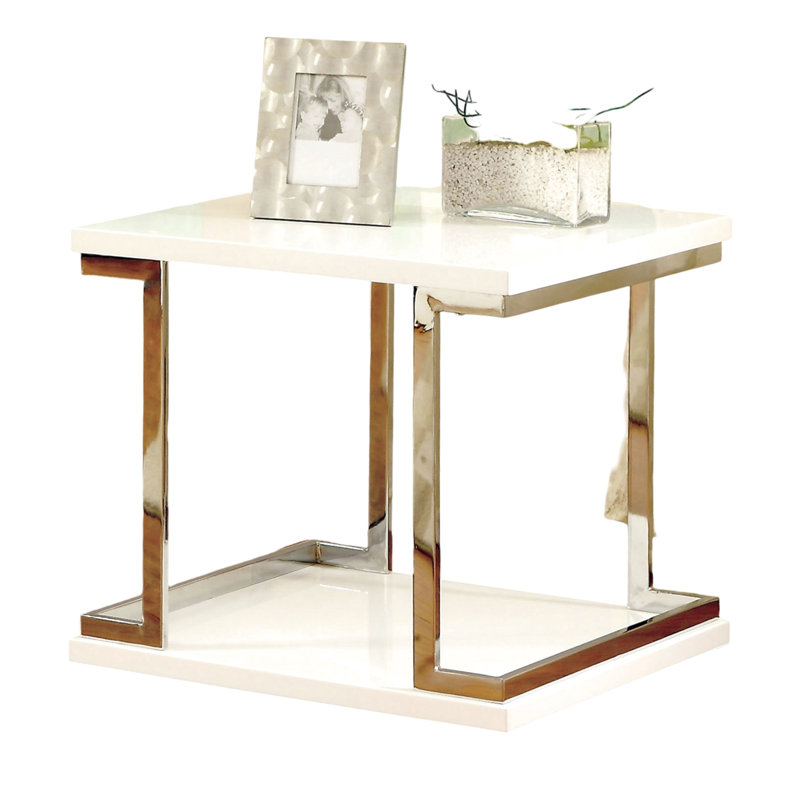 Élégante table de bout blanche avec structure et base rectangulaire en métal