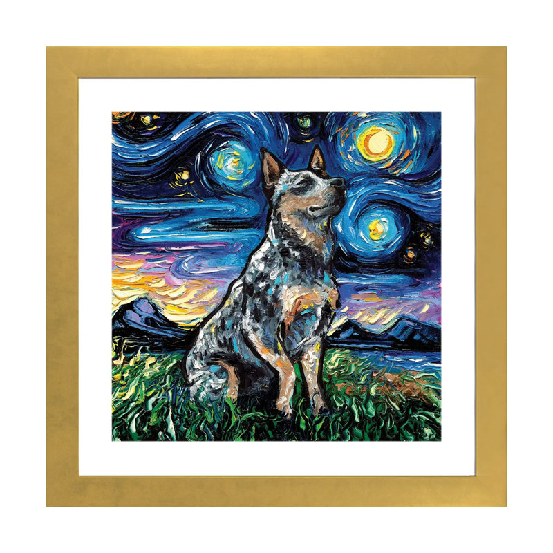 " Blue Heeler Night " by Aja Trier, Gold Paper, White, 24" H x 24" W x 1" D