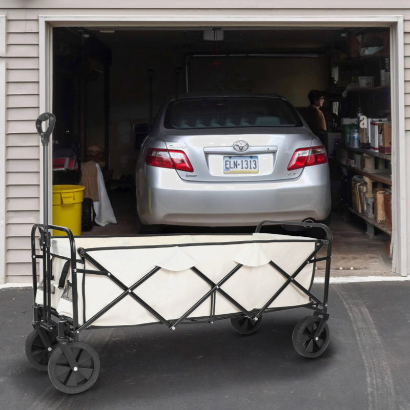 Large White Folding Utility Wagon with Anti-Slip Wheels and Adjustable Handle