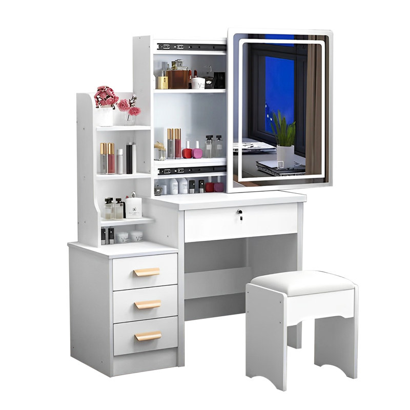 Bureau de coiffeuse à la mode avec miroir d'éclairage 3 couleurs - rangement multiple, lumières contemporaines blanches et support à 4 tiroirs