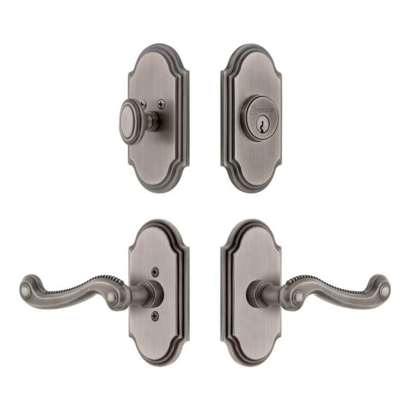 Ensemble de petites plaques d'entrée Grandeur Arc avec levier Newport, 2.75", Étain antique, À gauche