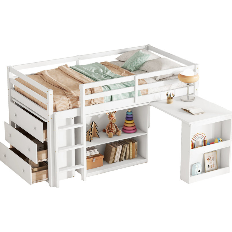 Lit mezzanine simple en bois d'hévéa blanc avec rangement spacieux et rangement pour bureau, finition, construction, Blanc
