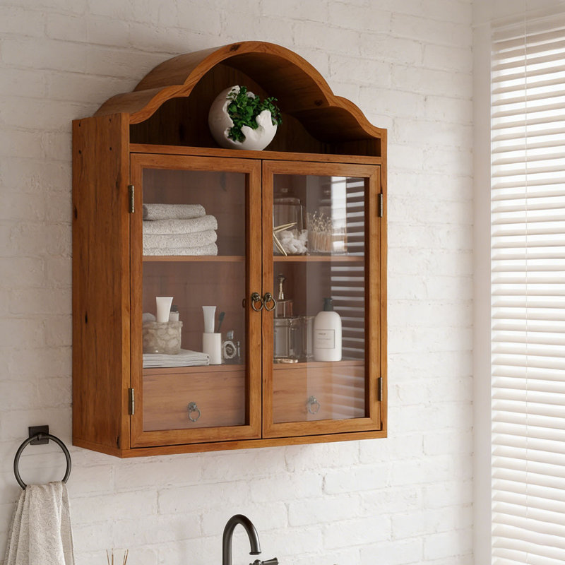 Solid Wood Wall Cabinet with Elegant Wave, Brown
