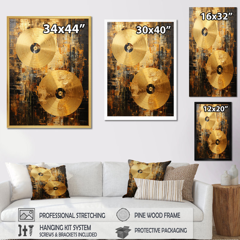Cymbale symphonie dorée I sur toile, Cadre flottant doré, H 32 po x l 24 po x P 1 po