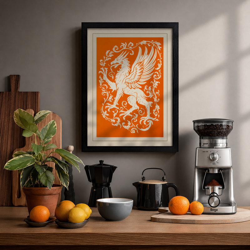 Winged Lion Heraldic Art Deco - Framed Print, A3 - 42.0 x 29.7 cm, Black