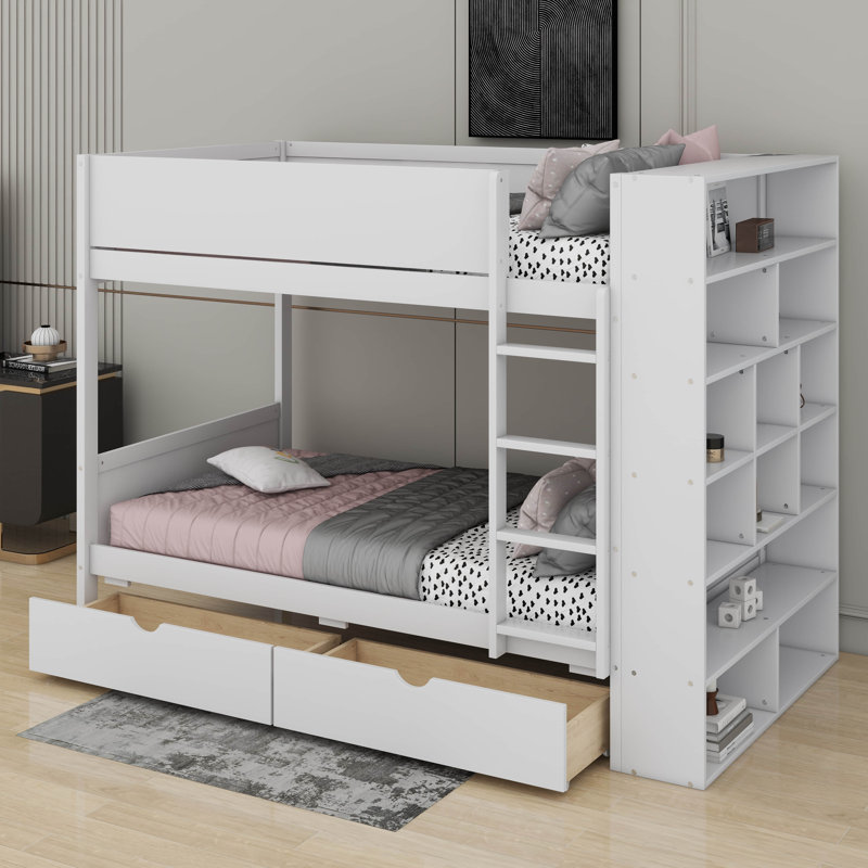 Lit superposé simple au-dessus de simple avec 2 tiroirs et une armoire, Lit superposé simple sur simple, Blanc