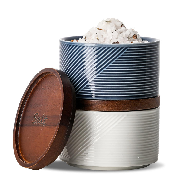 Salt And Pepper Bowls: 10 Oz Ceramic Stackable Spice Cellar With Wooden Lid - Stacked Seasoning Storage Containers- Striped, White & Navy