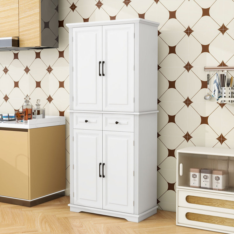 Grand garde-manger avec 3 organisateurs coulissants, 6 tablettes de porte, 2 tiroirs et tablettes réglables, Blanc