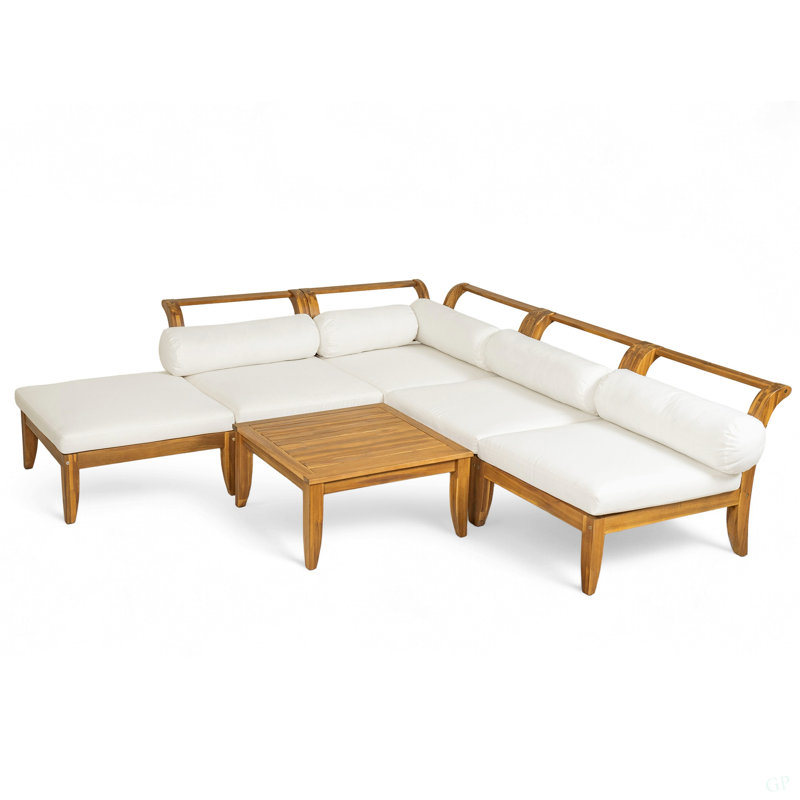 Ensemble de canapé de patio 6 pièces, ensemble de conversation modulaire d'extérieur en bois d'acacia, ensemble de conversation en forme de L, lit de jour convertible avec table à thé, repose-pieds, 5 coussins et coussins, teck et beige