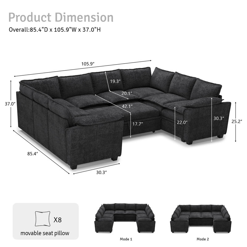 Large Chenille U-Shaped Storage Sectional Sofa King Pull Out Sofa Bed Sleeper Livingroom Bedroom Apartment Corner Couch