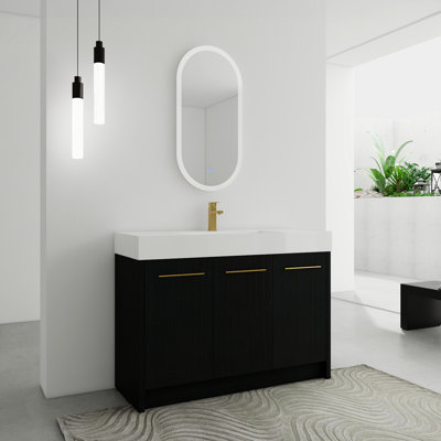 Meuble-lavabo de 48 po avec lavabo en résine, porte transparente, article moderne, aspect châtaignier noir, panneau en contreplaqué autoportant pacifiquement