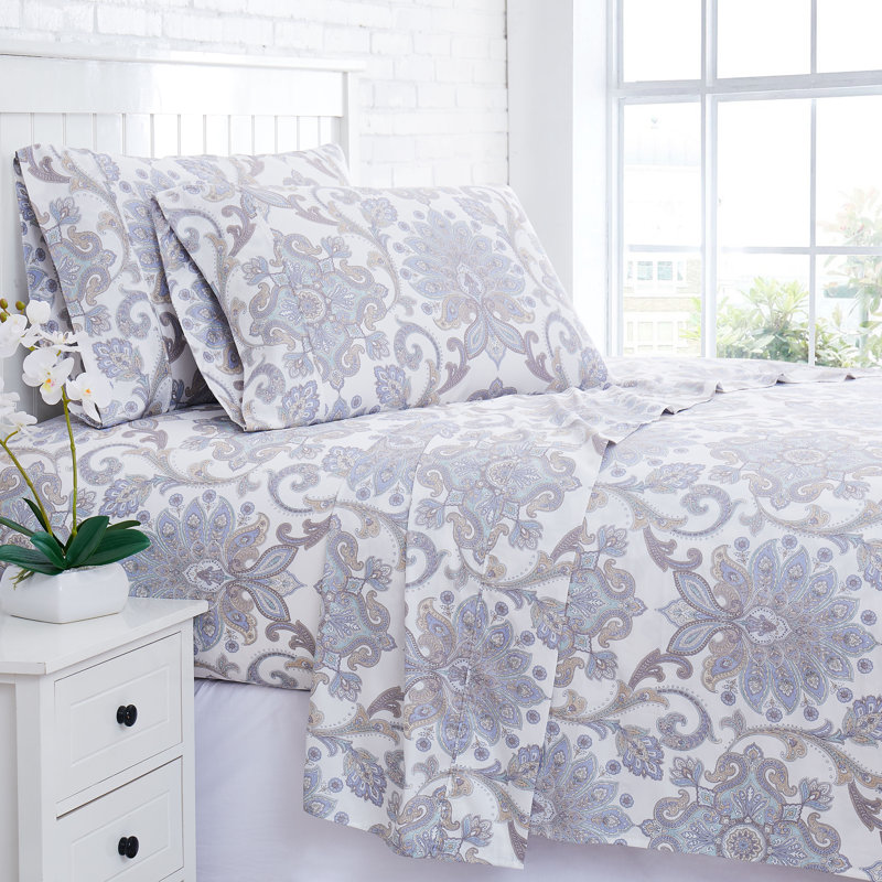 Serenity 300 Thread Count Floral 100% Cotton Sateen Sheet Set, Queen