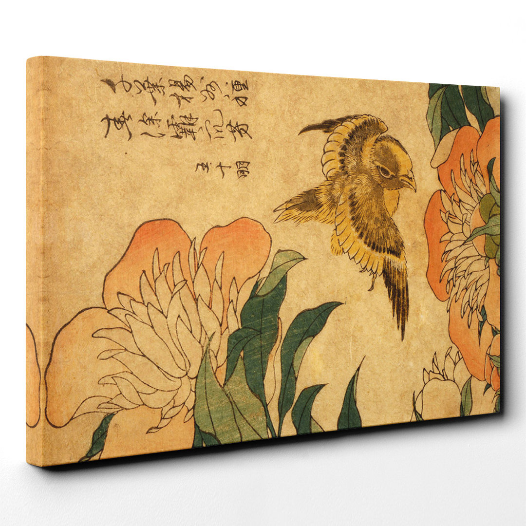 'Peony and Canary Japanese Oriental' by Katsushika Hokusai Painting Print on Canvas