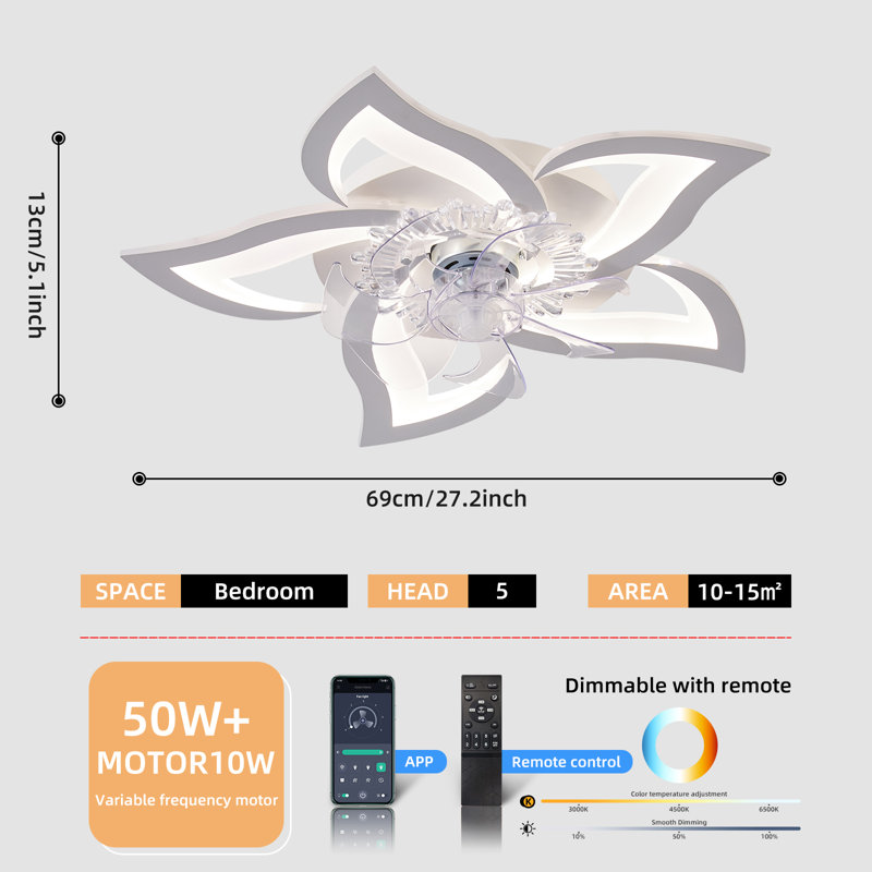Dylahn 27.2" 7 - Blade Dimmable LED Ceiling Fan with Remote Control and APP, White