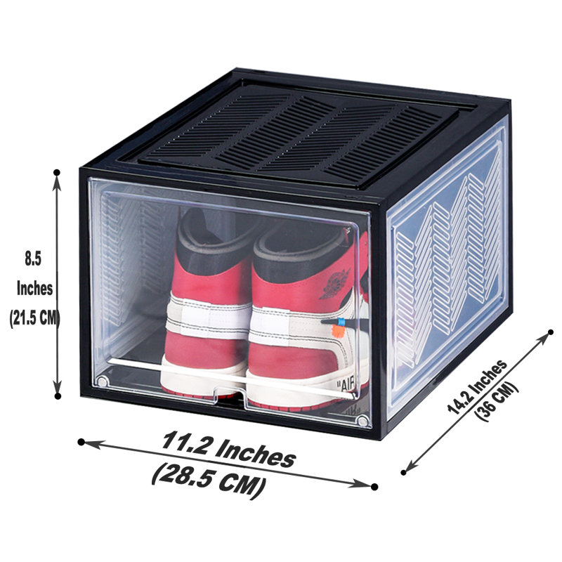 Stackable Large Shoe Containers Shoe Storage Box with Hard Plastic Drop Front for Sneakers, Black