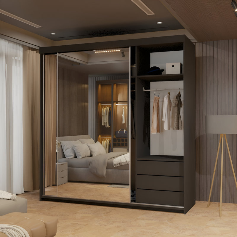 Chabier 2 Door Wardrobe, 217cm H x 200cm W x 62cm D, Black