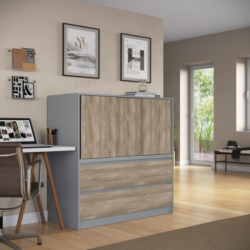 Solid Wood Rectangle Accent Cabinet, Grey with Oak