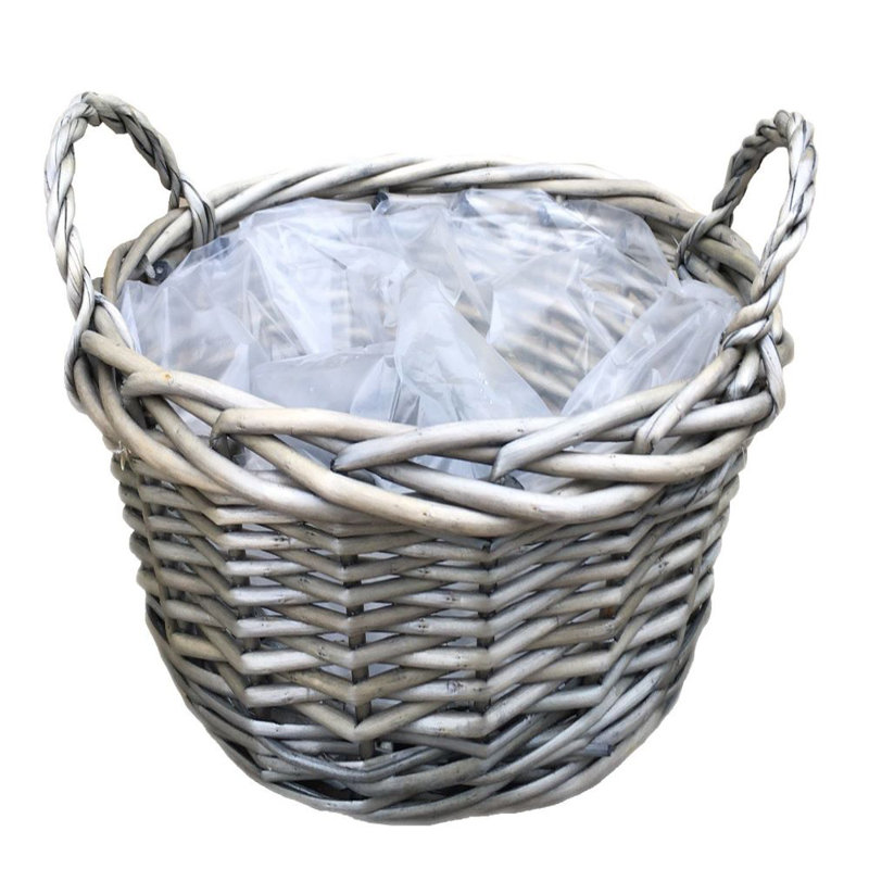 Wicker Round Storage Display Tray Basket with Lining, 14cm H x 25cm W x 25cm D, Antique Wash