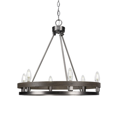 Belmont 6 Light Uplight Chandelier Shown In Painted Distressed Wood-look Metal & Graphite Finish