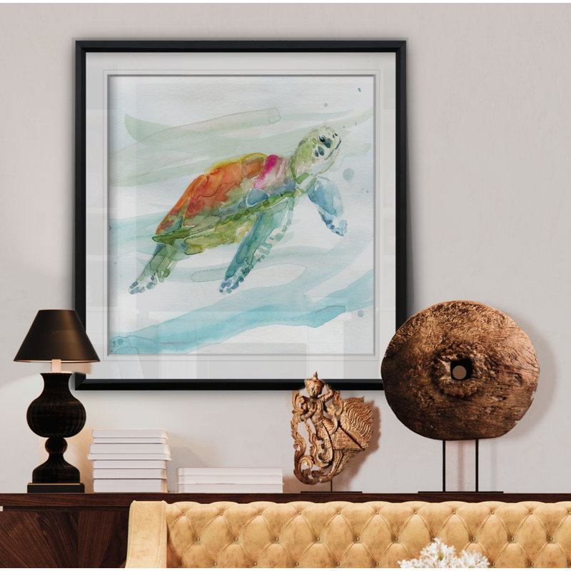 « turtle tropiques i », peinture, H 16 po x l 16 po x p 2 po, Cadre noir