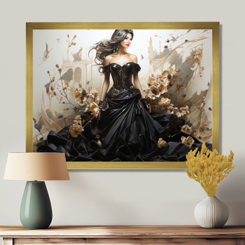 Chef-d'œuvre de mode haute couture noir et or - Impressions encadrées, H 16 po x l 32 po x P 1 po, Cadre doré à coins fermés