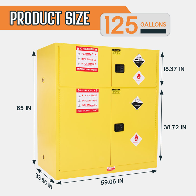Flammable Cabinet, Cold-Rolled Steel, Adjustable Shelves, OSHA & CE Certified for Industrial, Commercial, Laboratory, and Institutional Use, Yellow