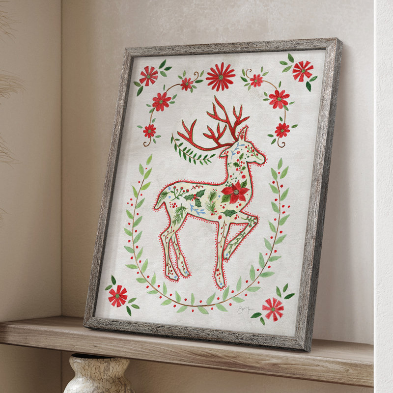 «Christmas Folk Reindeer», reproduction encadrée - bois massif, H 11 po x l 9 po
