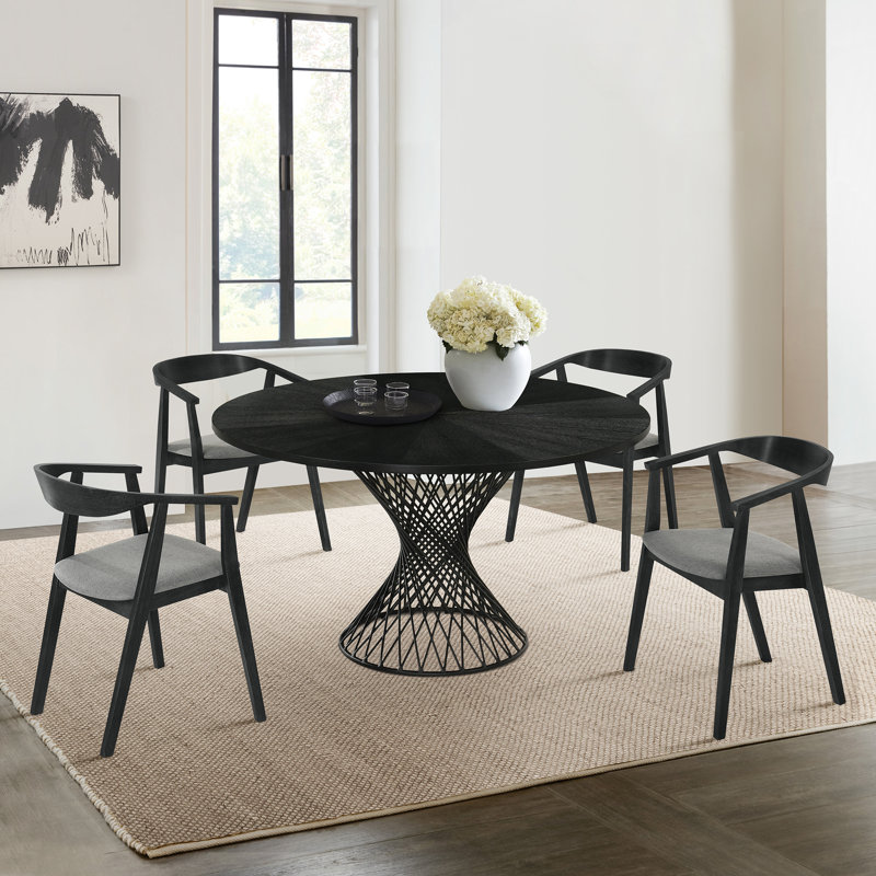 Jettine 5 Piece Round Dining Table Set in Black Wood with Charcoal Fabric