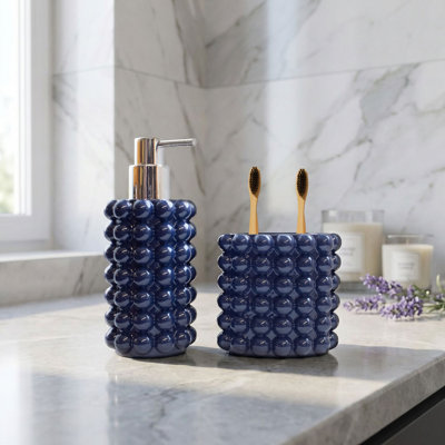 Better Trends Nova Collection Bubble Textured 2PC Bathroom Accessories Set, Resin Soap Dispenser & Toothbrush Holder for Bathroom Vanity, Guest Bathroom, Apartment & Dorm Use, Navy