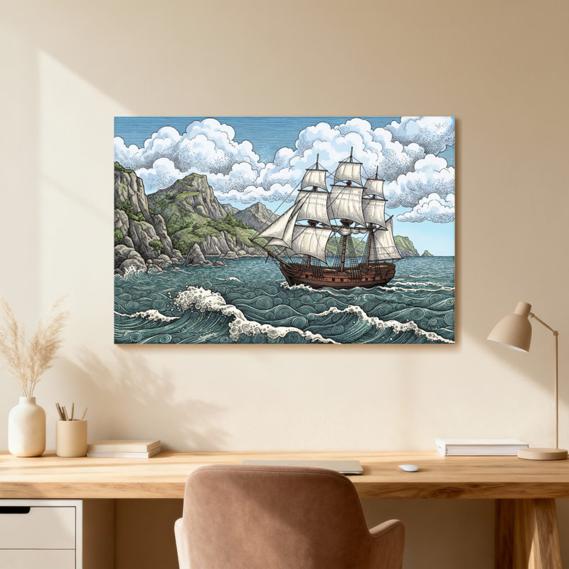 Voilier sur la côte rocheuse avec des vagues, H 16 po x l 24 po, Cadre photo unique, Grain de bois clair