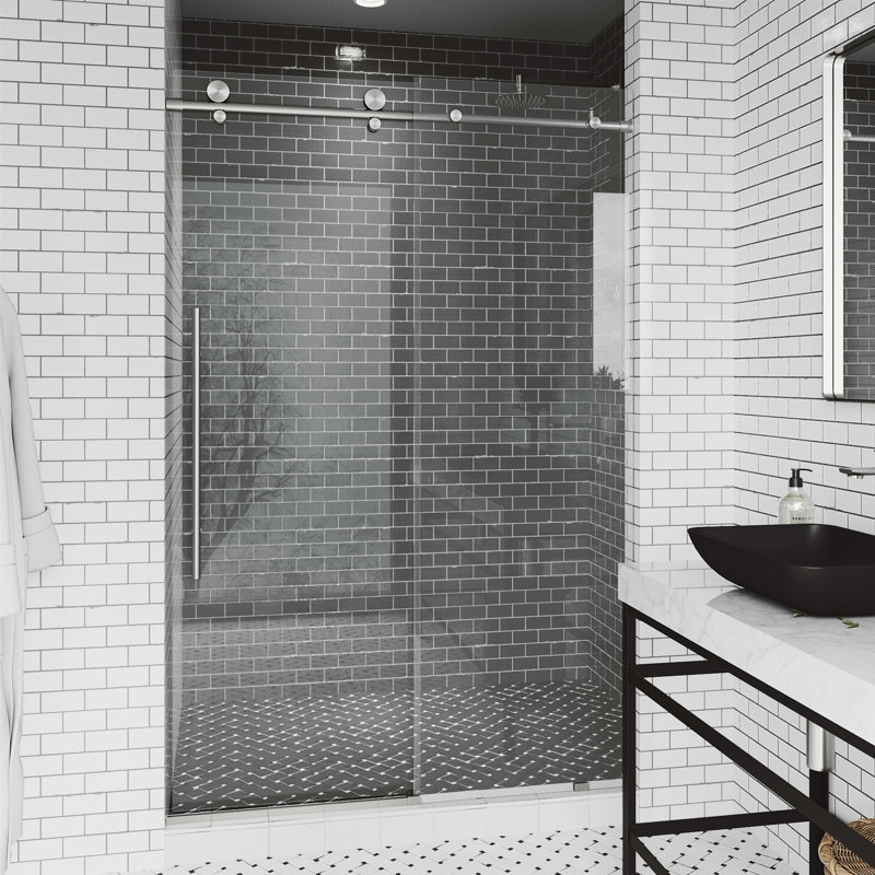 Elan E-Class 60-64" W x 76" H Sliding Frameless Shower Door with 3/8" Clear Glass, Stainless Steel