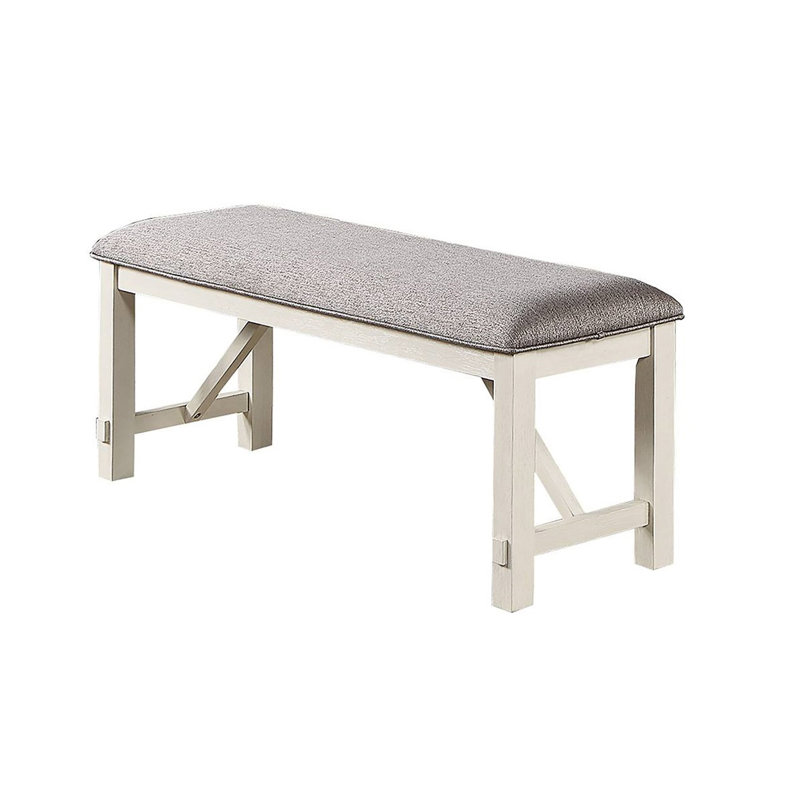 Stylish And Functional Dining Room Bench With Grey Fabric Cushion Seat And Unique Frame Back