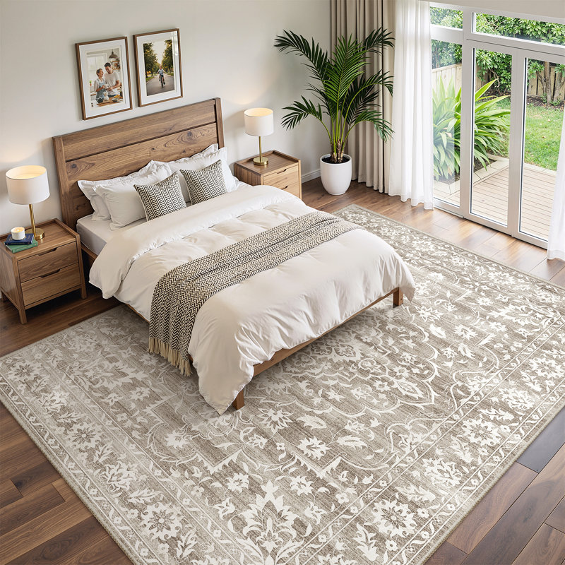 Machine Washable Floral Non Slip Indoor Area Rug, Light Brown, Rectangle 200 x 300cm