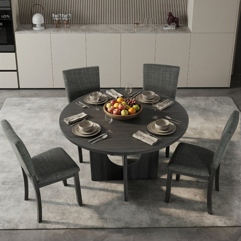  Ensemble de salle à manger rembourré en bois noir Farmhouse, 5 pièces, Noir, Gris foncé