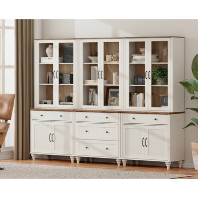 Girlene 72"H X 102"W 5-Tier Bookcase With Glass Doors, Large Bookshelf With Ample Storage Cabinet, Farmhouse Library Wooden Bookshelves For Living Room, Office, Kitchen, White