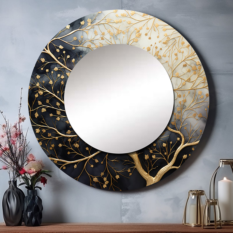 Golden Branch Tree Luminous Tangle II - Tree Monochrome Round Mirror Wall Decor, 36 po x 36 po, Rond