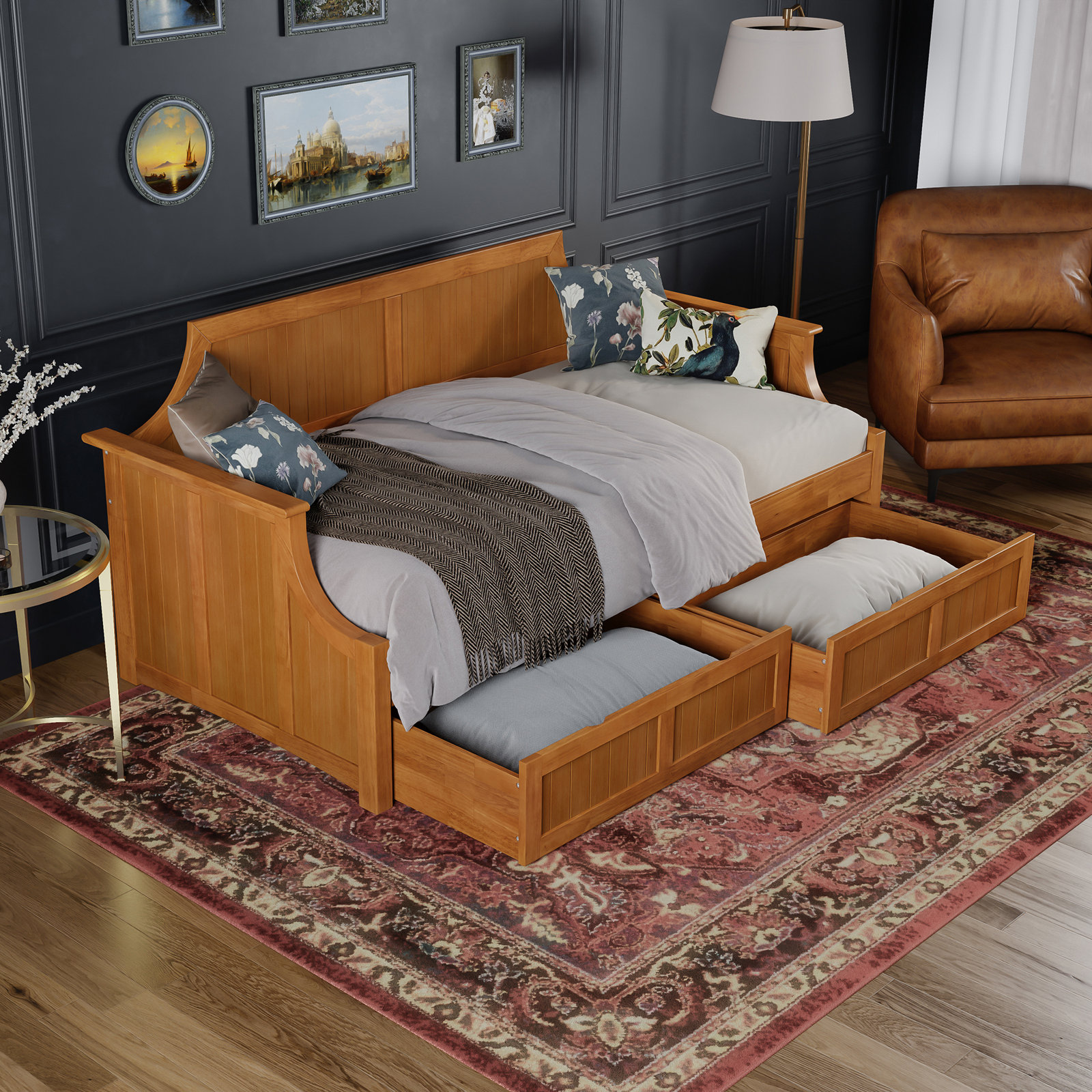 Antavious Coastal Cottage Solid Wood Twin Daybed with Storage Drawers, Light Toffee