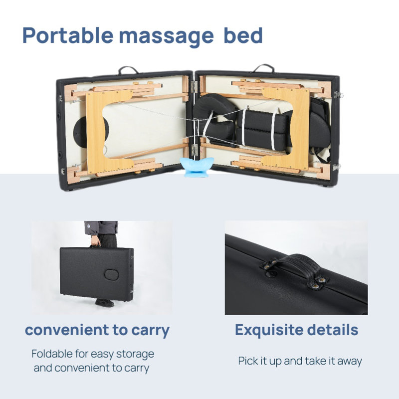 Folding massage table, adjustable spa bed with neck massager, Black