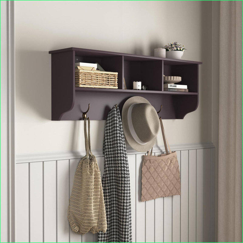 Entryway Coat Rack Wall Mounted with Storage Shelf, 38.6” W, Espresso Finish, 4 Dual Hooks | MDF | Traditional